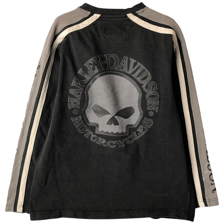 Harley-Davidson Skull Pattern V-neck Long Sleeve T-Shirt, Men's Size Medium cotton black type Vintage Second Hand
