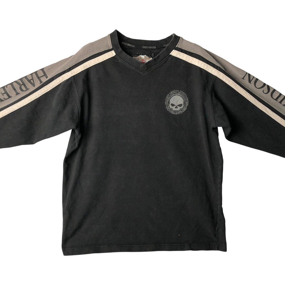 Harley-Davidson Skull Pattern V-neck Long Sleeve T-Shirt, Men's Size Medium cotton black type Vintage Second Hand