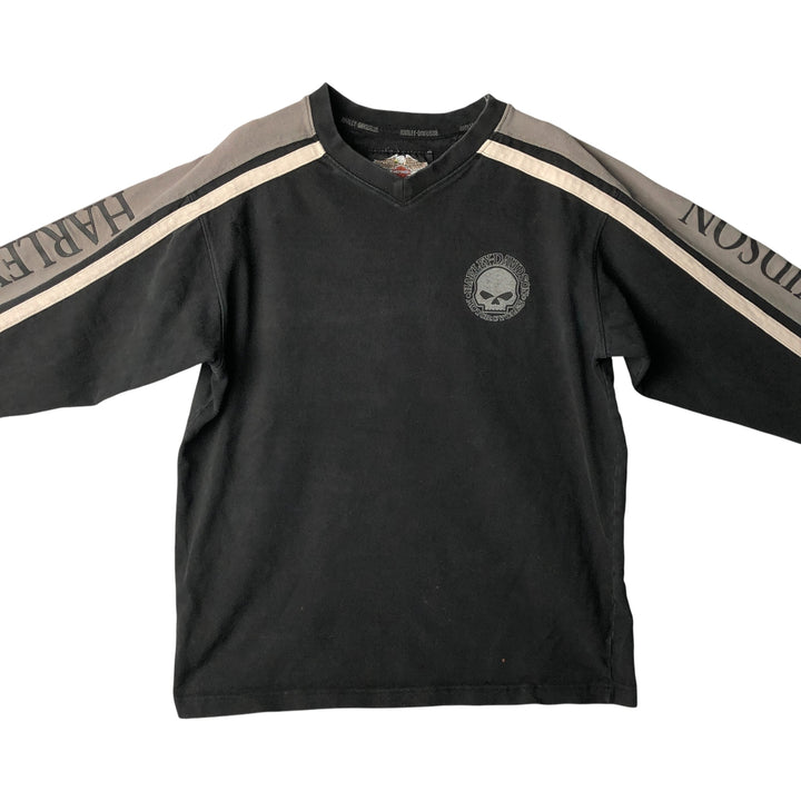 Harley-Davidson Skull Pattern V-neck Long Sleeve T-Shirt, Men's Size Medium cotton black type Vintage Second Hand