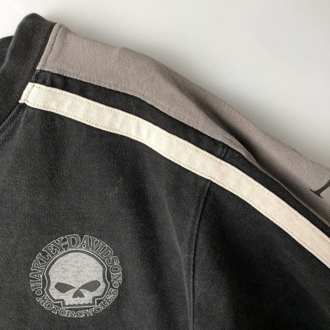 Harley-Davidson Skull Pattern V-neck Long Sleeve T-Shirt, Men's Size Medium cotton black type Vintage Second Hand
