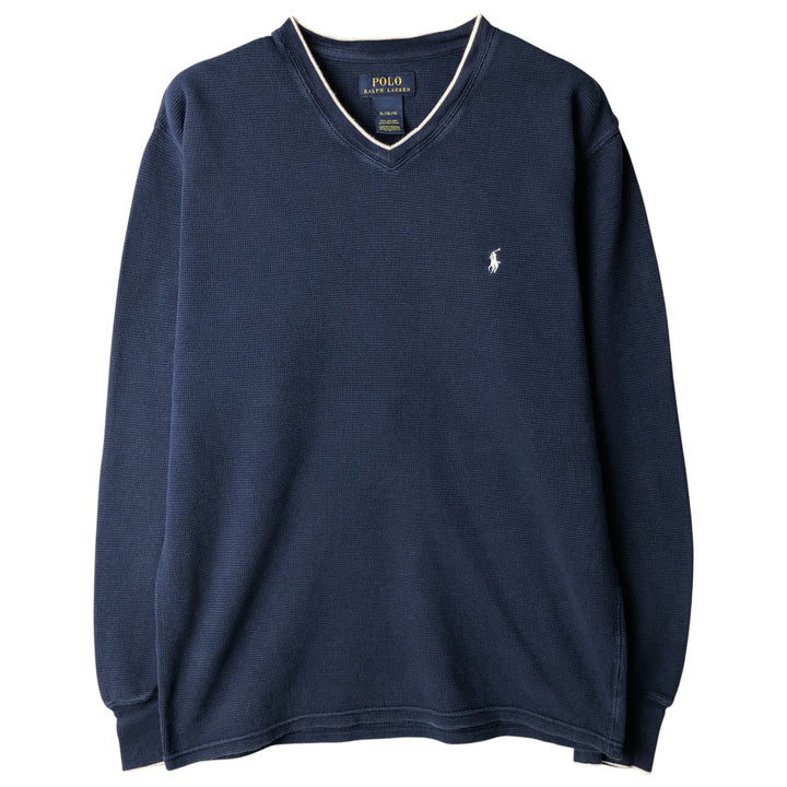 Ralph Lauren POLO RALPH LAUREN V-neck thermal long sleeve T-shirt waffle men's XL size cotton navy blue type Vintage Second Hand