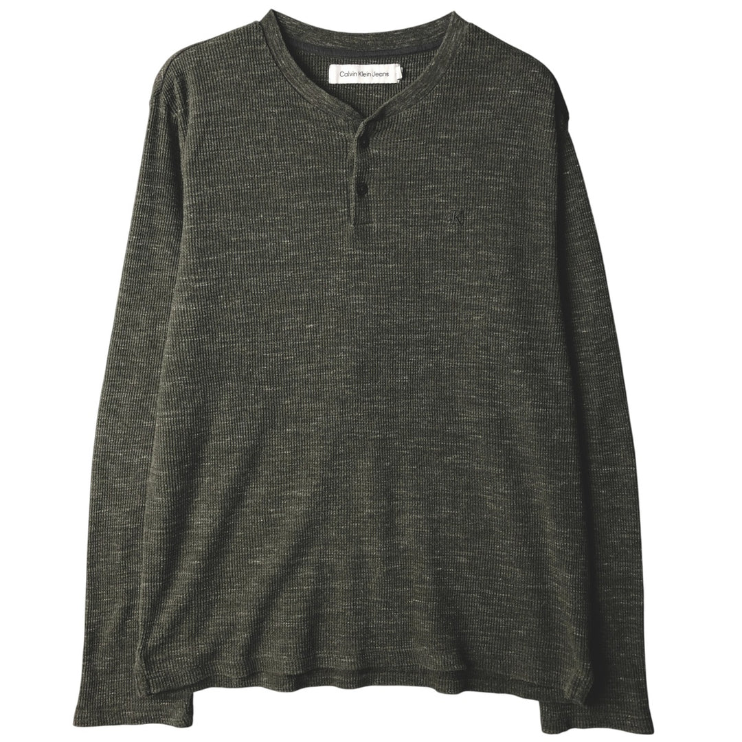 2000s~ Calvin Klein Jeans Henley Neck Thermal Long T-Shirt, Men's Size M cotton Khaki type Vintage Second Hand