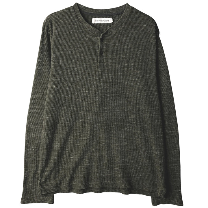 2000s~ Calvin Klein Jeans Henley Neck Thermal Long T-Shirt, Men's Size M cotton Khaki type Vintage Second Hand