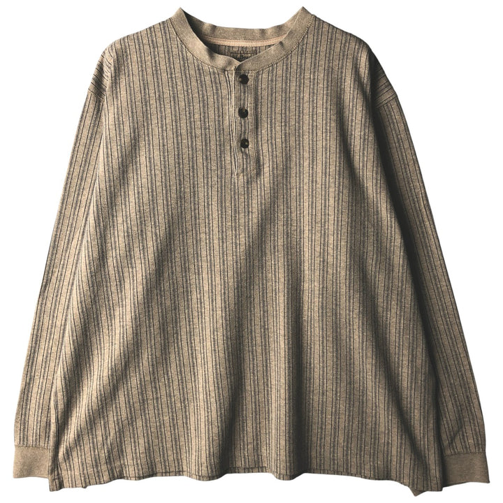 90s-00'S LLBean Stripe Pattern Multi-Stripe Henley Neck Long T-Shirt, Men's Size XL cotton Beige type Vintage Second Hand