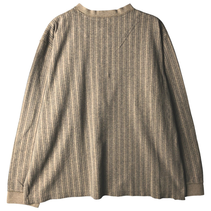 90s-00'S LLBean Stripe Pattern Multi-Stripe Henley Neck Long T-Shirt, Men's Size XL cotton Beige type Vintage Second Hand