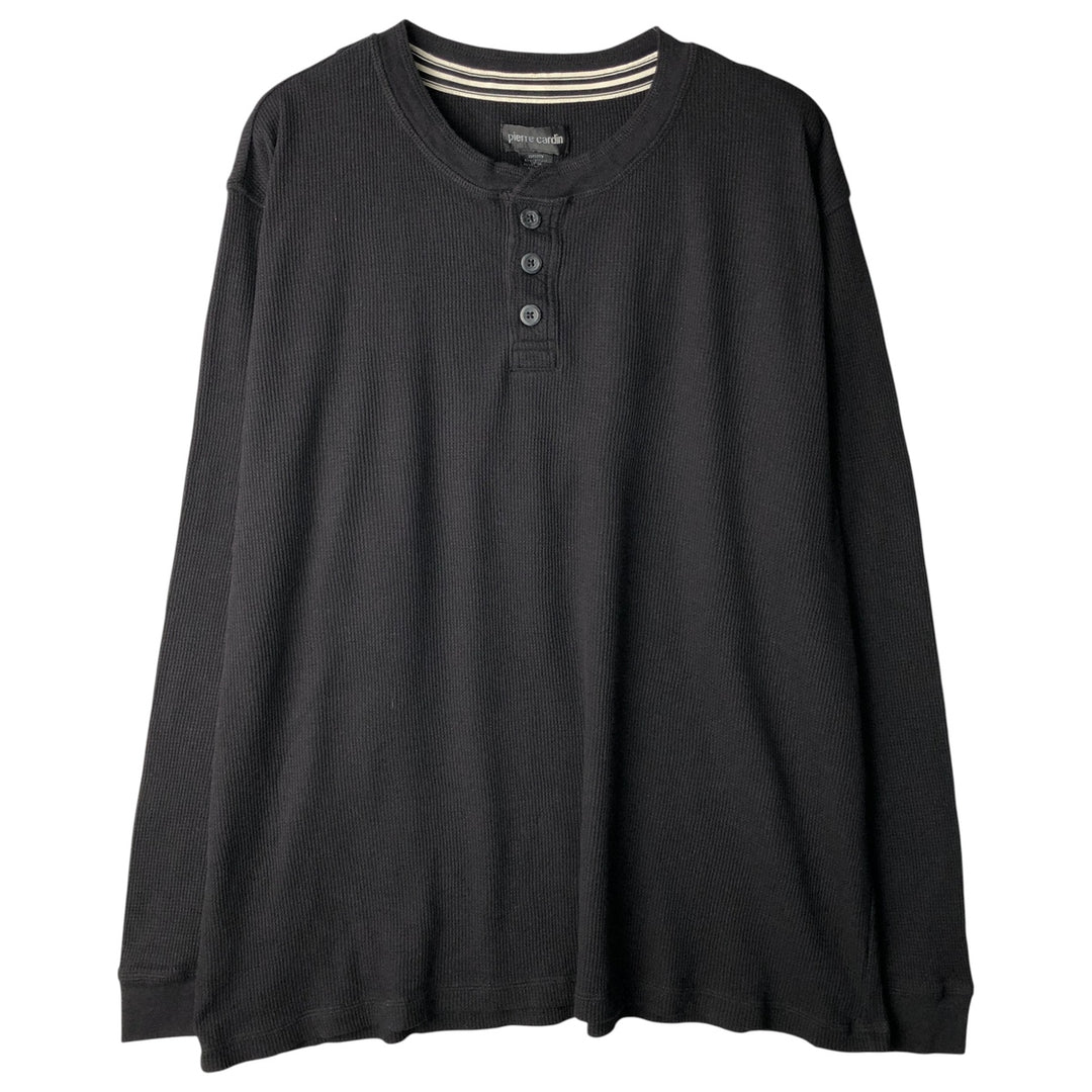 Pierre Cardin Henley neck thermal long T-shirt, men's XL cotton black type Vintage Second Hand