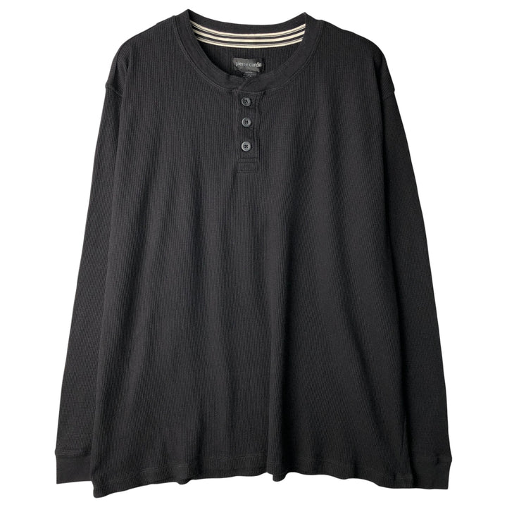 Pierre Cardin Henley neck thermal long T-shirt, men's XL cotton black type Vintage Second Hand