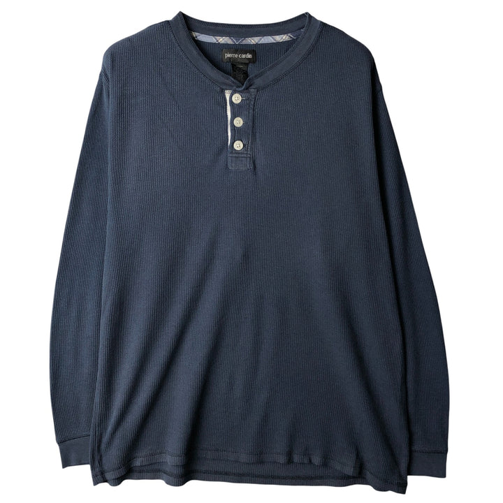 Pierre Cardin Henley neck thermal long T-shirt, men's size M cotton navy blue type Vintage Second Hand