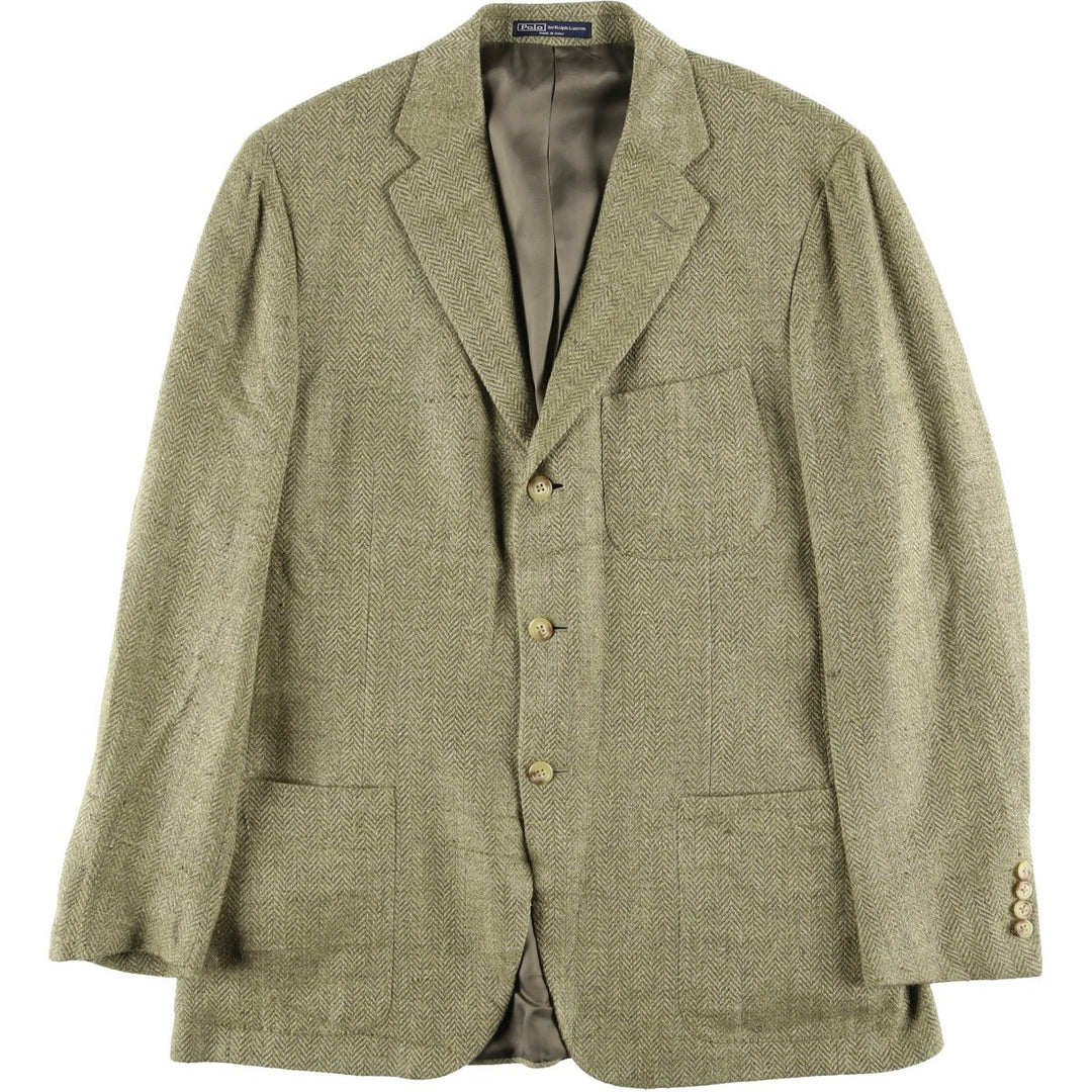 POLO by Ralph Lauren Herringbone Flax and Silk Tailored Jacket, Made in Italy, Men's Size L silk Khaki type Vintage Second Hand