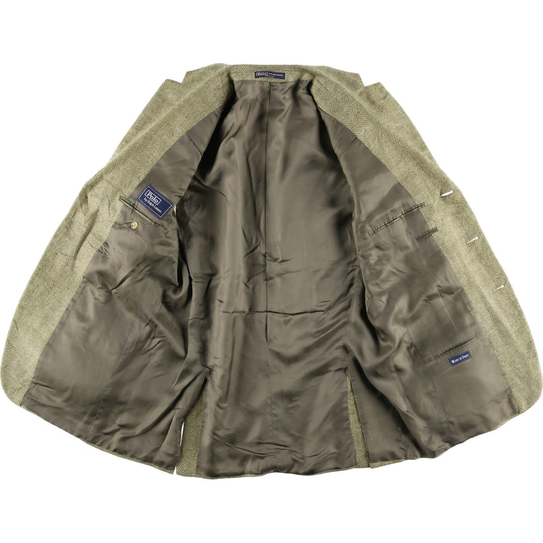 POLO by Ralph Lauren Herringbone Flax and Silk Tailored Jacket, Made in Italy, Men's Size L silk Khaki type Vintage Second Hand