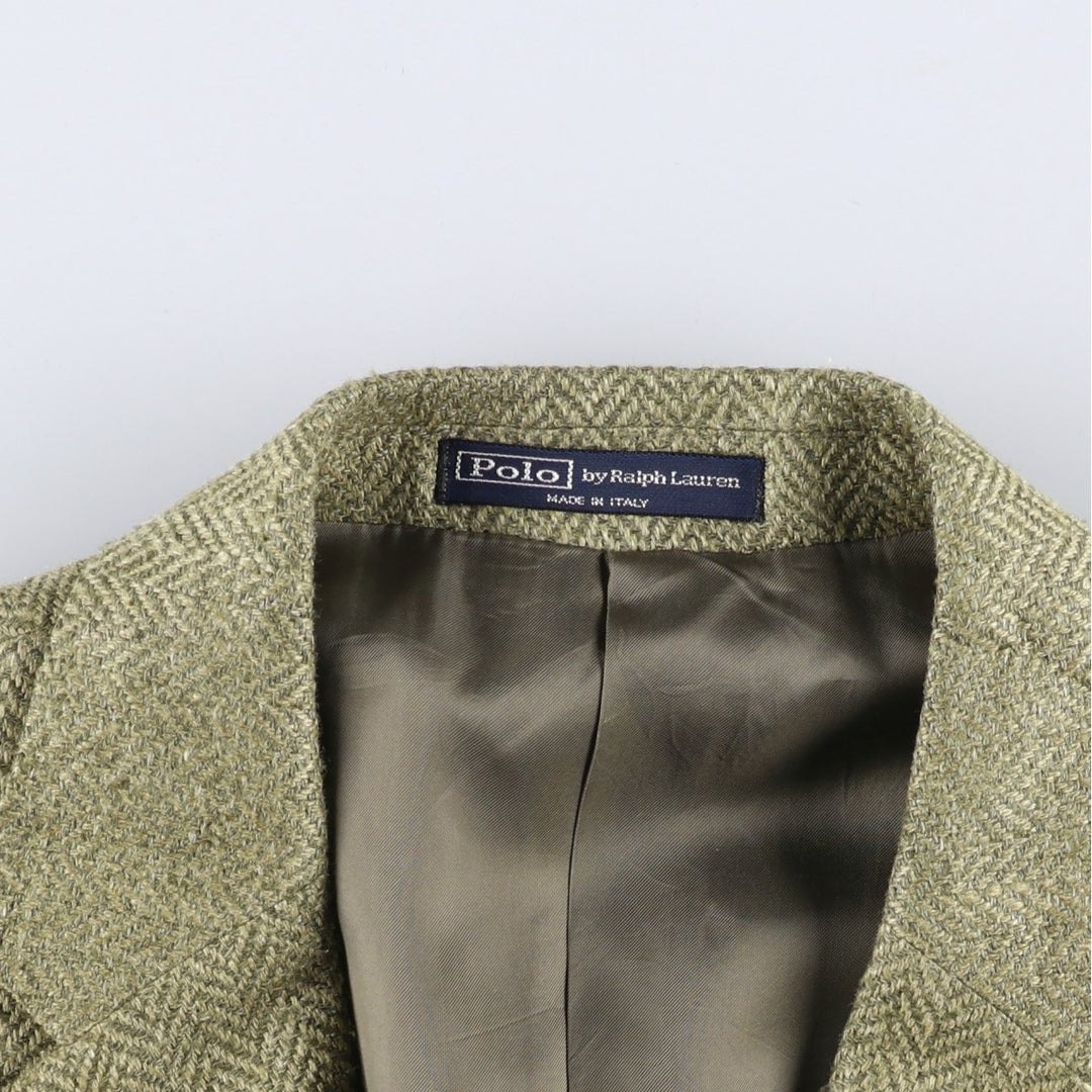 POLO by Ralph Lauren Herringbone Flax and Silk Tailored Jacket, Made in Italy, Men's Size L silk Khaki type Vintage Second Hand