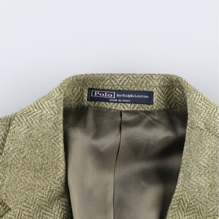 POLO by Ralph Lauren Herringbone Flax and Silk Tailored Jacket, Made in Italy, Men's Size L silk Khaki type Vintage Second Hand