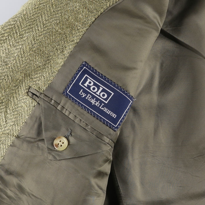 POLO by Ralph Lauren Herringbone Flax and Silk Tailored Jacket, Made in Italy, Men's Size L silk Khaki type Vintage Second Hand