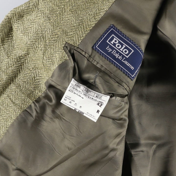 POLO by Ralph Lauren Herringbone Flax and Silk Tailored Jacket, Made in Italy, Men's Size L silk Khaki type Vintage Second Hand