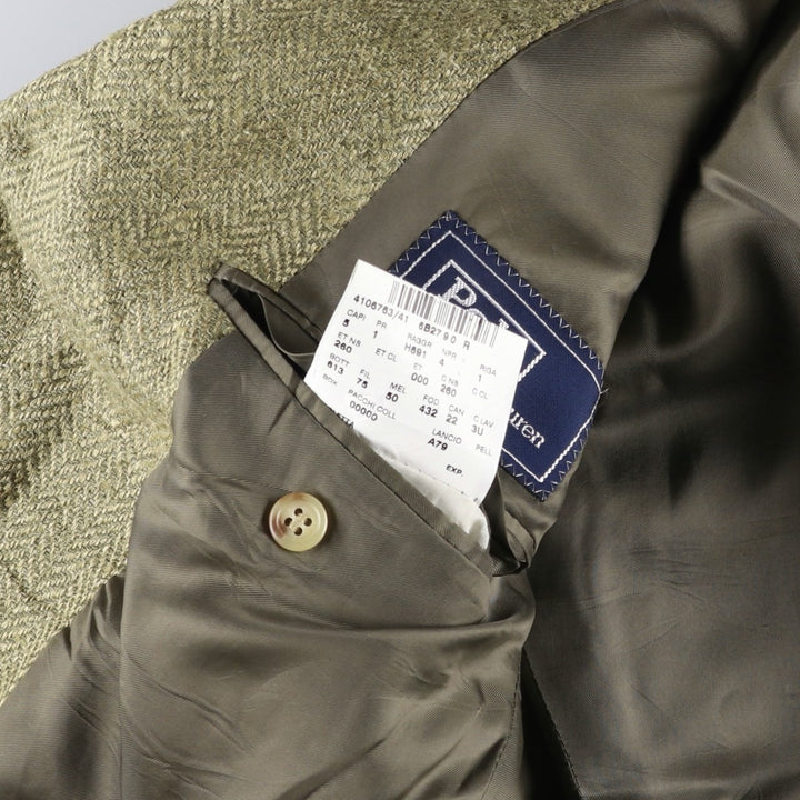 POLO by Ralph Lauren Herringbone Flax and Silk Tailored Jacket, Made in Italy, Men's Size L silk Khaki type Vintage Second Hand