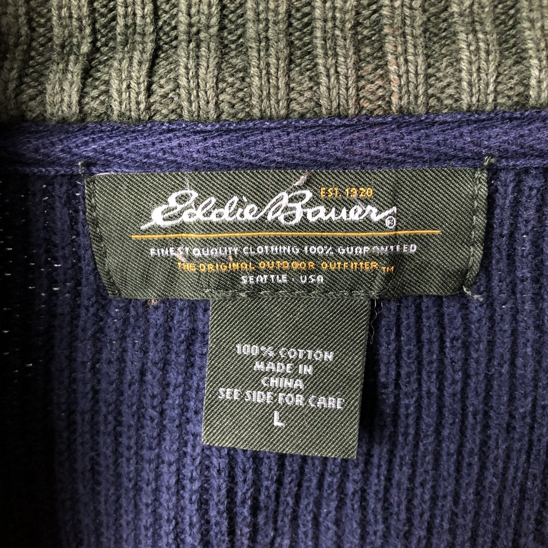 Eddie Bauer Cotton Knit Half-Zip Sweater, Men's Size L cotton navy blue type Vintage Second Hand