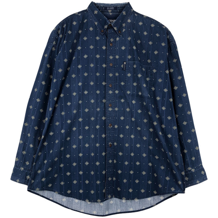 Ralph Lauren CHAPS Chaps All-Over Print Long Sleeve Button-Down Shirt, Men's Size XL cotton navy blue type Vintage Second Hand