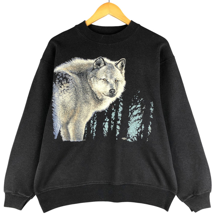 Vintage 90'S Hanes Wolf Pattern Animal Sweatshirt, Made in USA, Men's Size L cotton black type Vintage Second Hand