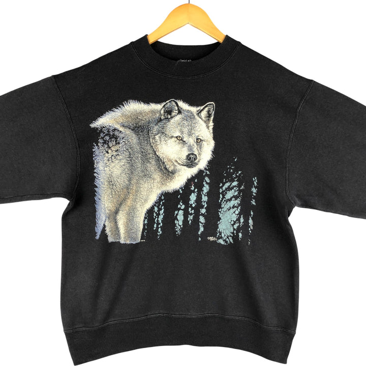 Vintage 90'S Hanes Wolf Pattern Animal Sweatshirt, Made in USA, Men's Size L cotton black type Vintage Second Hand