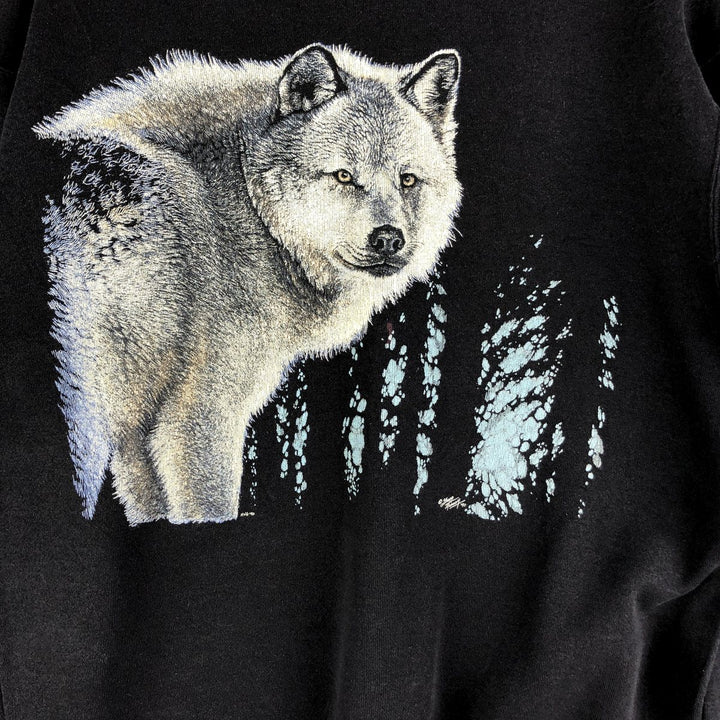 Vintage 90'S Hanes Wolf Pattern Animal Sweatshirt, Made in USA, Men's Size L cotton black type Vintage Second Hand
