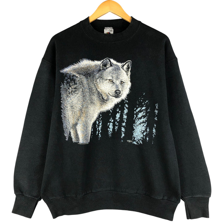 90'S Fruit of the Loom Wolf Pattern Animal Sweatshirt, Men's, Size XL, Vintage cotton black type Vintage Second Hand