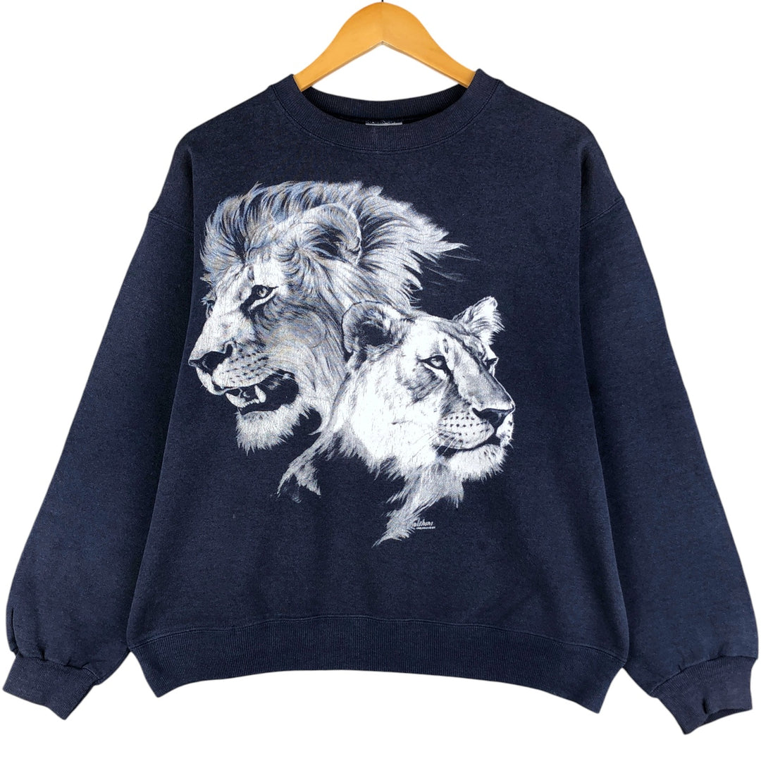 1980'S Hanes Blue Tag Lion Pattern Animal Sweatshirt, Made in USA, Men's Size L cotton navy blue type Vintage Second Hand