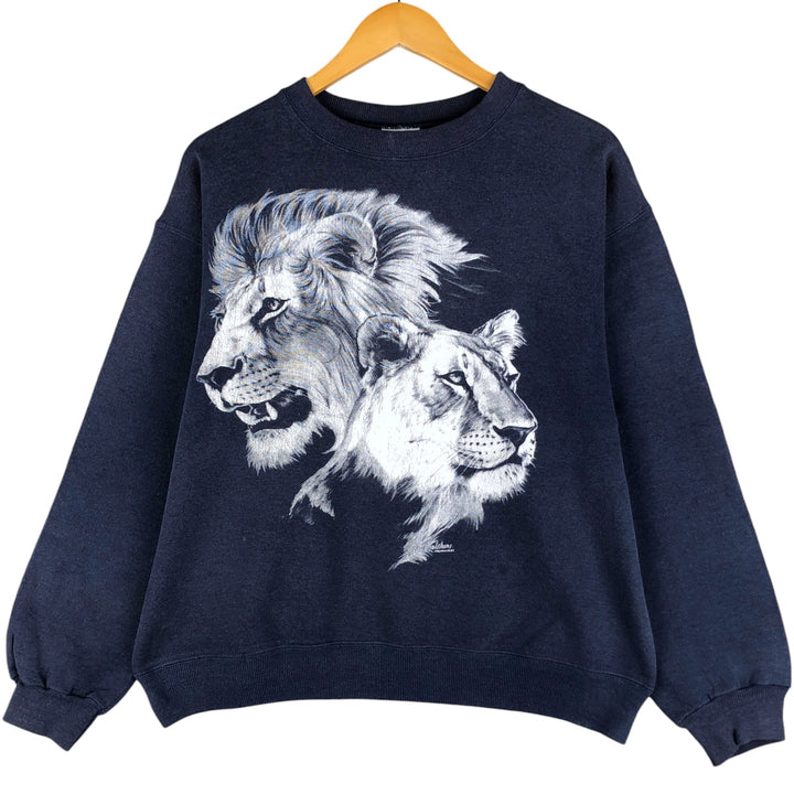 1980'S Hanes Blue Tag Lion Pattern Animal Sweatshirt, Made in USA, Men's Size L cotton navy blue type Vintage Second Hand