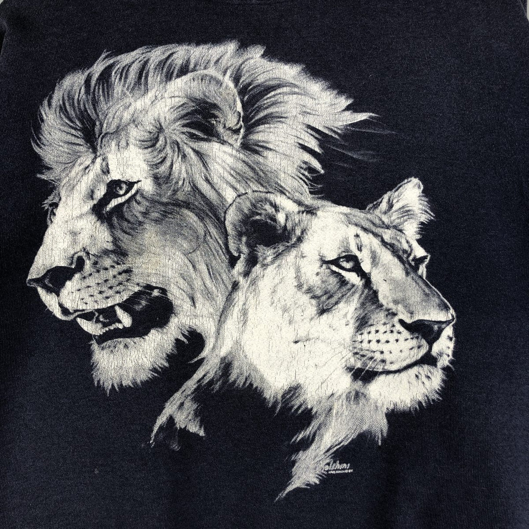 1980'S Hanes Blue Tag Lion Pattern Animal Sweatshirt, Made in USA, Men's Size L cotton navy blue type Vintage Second Hand
