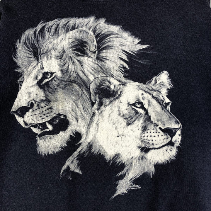 1980'S Hanes Blue Tag Lion Pattern Animal Sweatshirt, Made in USA, Men's Size L cotton navy blue type Vintage Second Hand