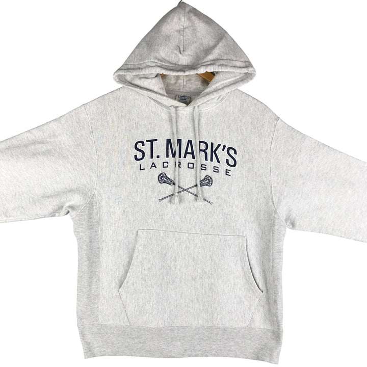 Champion Reverse Weave 3-row print college sweatshirt pullover hoodie, size M for men cotton gray type Vintage Second Hand