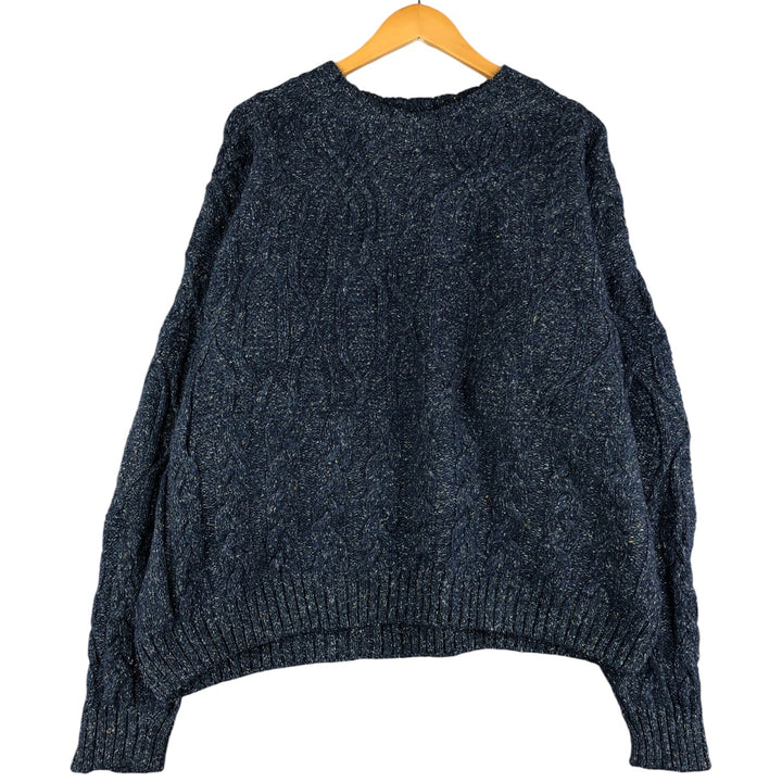 80s-90'S Land's End Color Nep Fisherman Aran Knit Sweater, Made in Scotland, Men's Size L wool navy blue type Vintage Second Hand