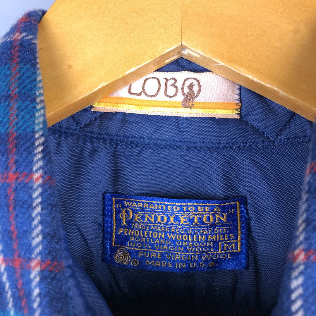1970'S Pendleton Lobo Check Pattern Wool Shirt, Made in USA, Men's Size Medium wool Blue type light blue Vintage Second Hand