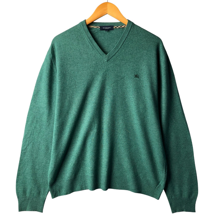 Burberry's London V-neck lambswool knit sweater, size L Lamb wool Emerald green Vintage Second Hand
