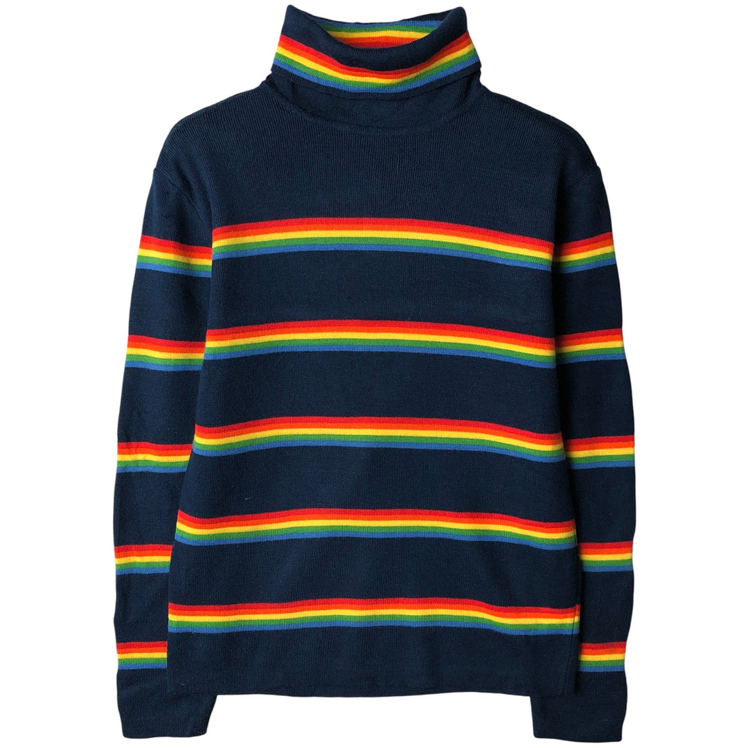Multi-border turtleneck acrylic knit sweater, women's size L wool navy blue type Vintage Second Hand