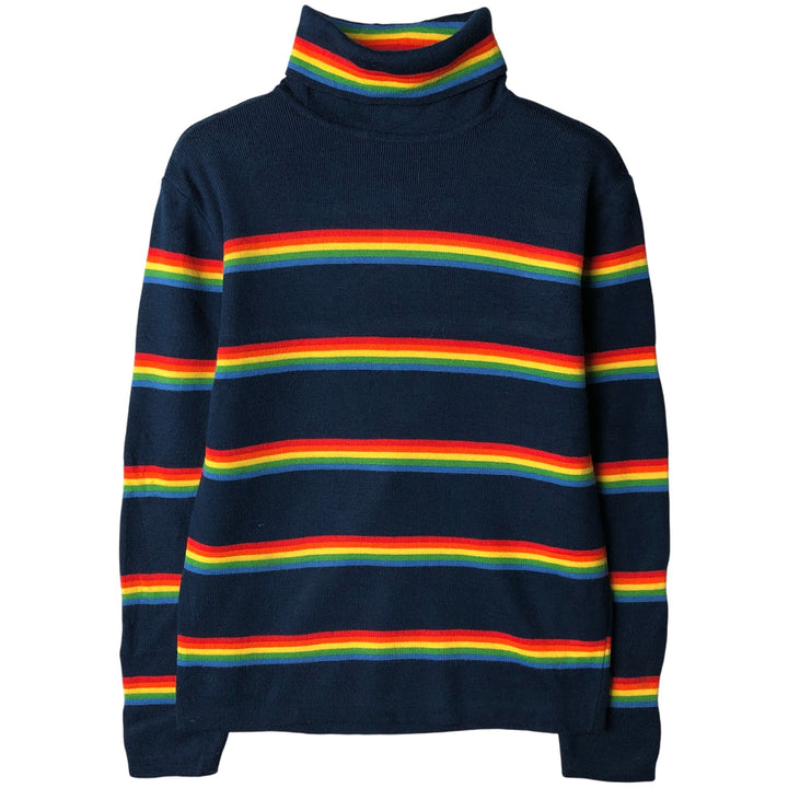 Multi-border turtleneck acrylic knit sweater, women's size L wool navy blue type Vintage Second Hand