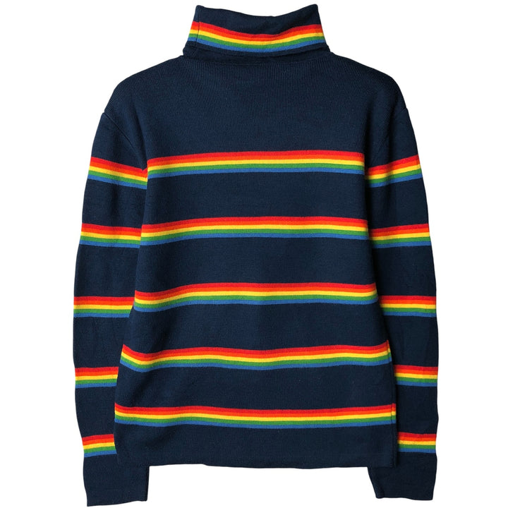 Multi-border turtleneck acrylic knit sweater, women's size L wool navy blue type Vintage Second Hand