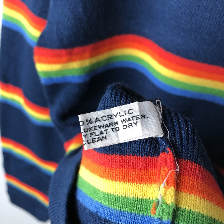 Multi-border turtleneck acrylic knit sweater, women's size L wool navy blue type Vintage Second Hand