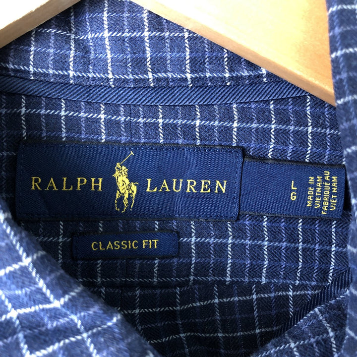 Ralph Lauren Classic Fit Long Sleeve Button Down Check Shirt, Men's Size L cotton navy blue type Vintage Second Hand