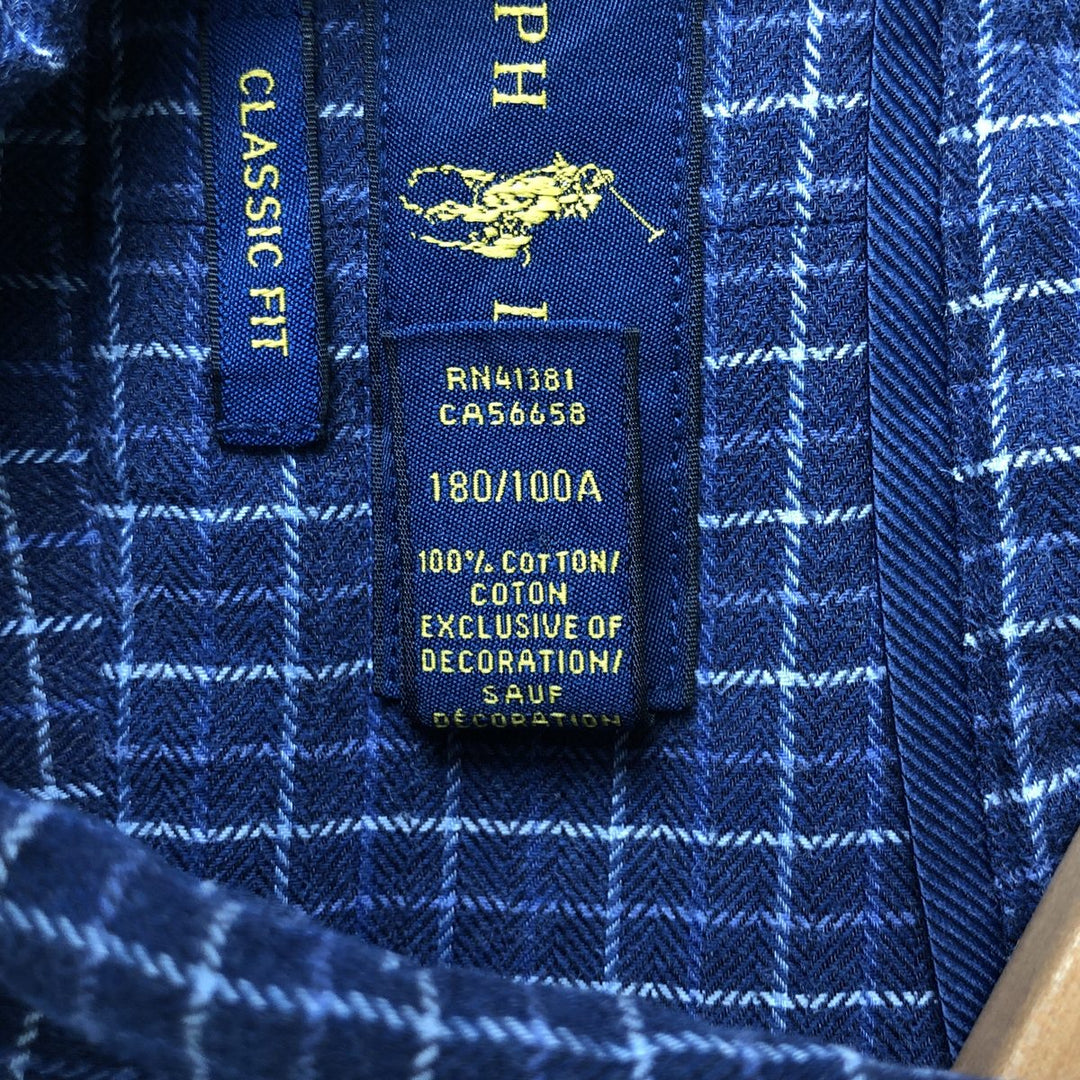 Ralph Lauren Classic Fit Long Sleeve Button Down Check Shirt, Men's Size L cotton navy blue type Vintage Second Hand