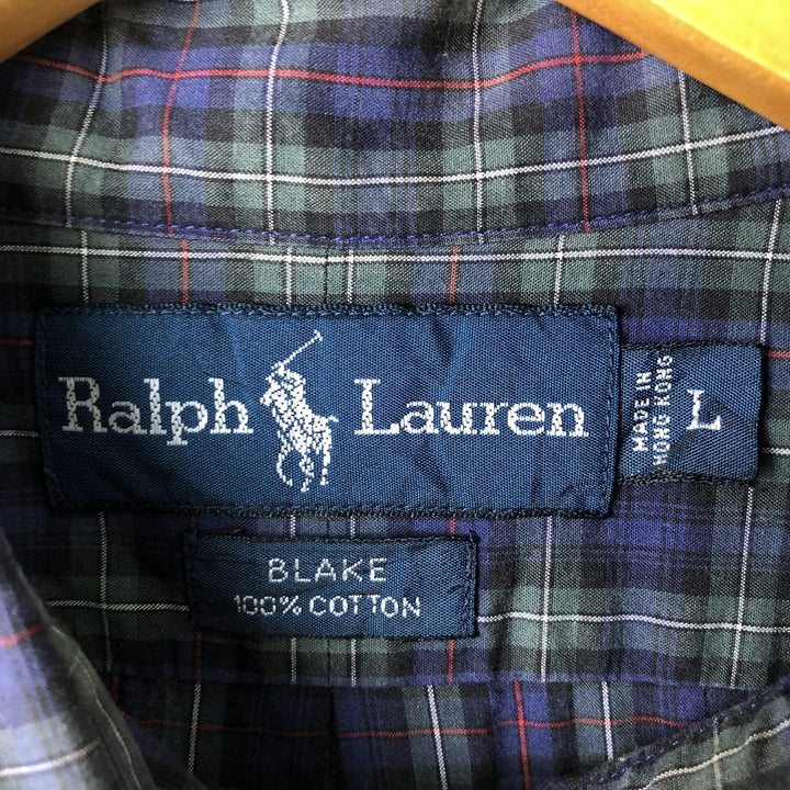 Ralph Lauren BLAKE long sleeve button down check shirt, men's size L cotton navy blue type Vintage Second Hand