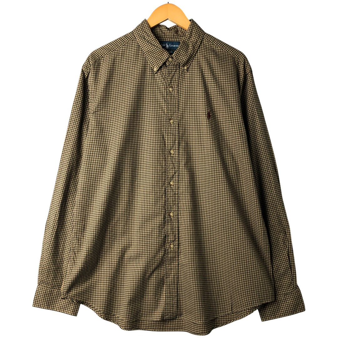 Ralph Lauren Classic Fit Gingham Check Long Sleeve Button Down Check Shirt Men's XL cotton beige type brown Vintage Second Hand