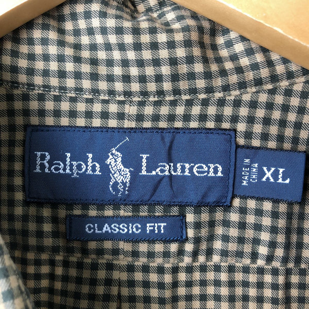Ralph Lauren Classic Fit Gingham Check Long Sleeve Button Down Check Shirt Men's XL cotton beige type brown Vintage Second Hand