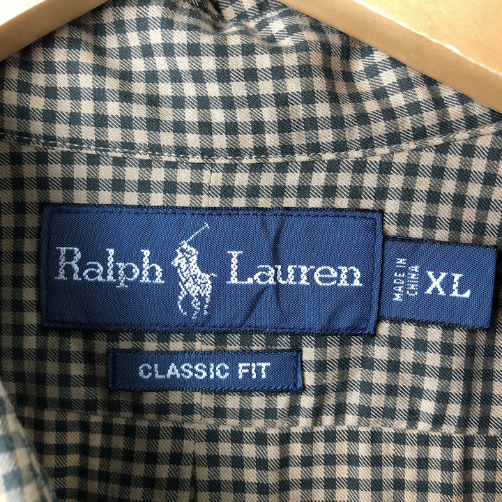 Ralph Lauren Classic Fit Gingham Check Long Sleeve Button Down Check Shirt Men's XL cotton beige type brown Vintage Second Hand