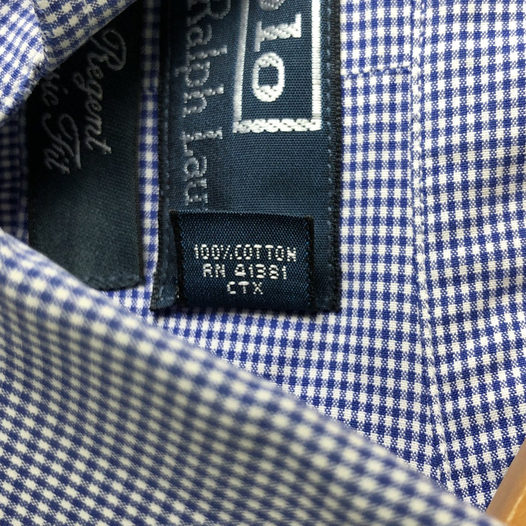 Ralph Lauren Regent Classic Fit Gingham Check Long Sleeve Button-Down Check Shirt, Men's Size L cotton Navy blue Vintage Second Hand
