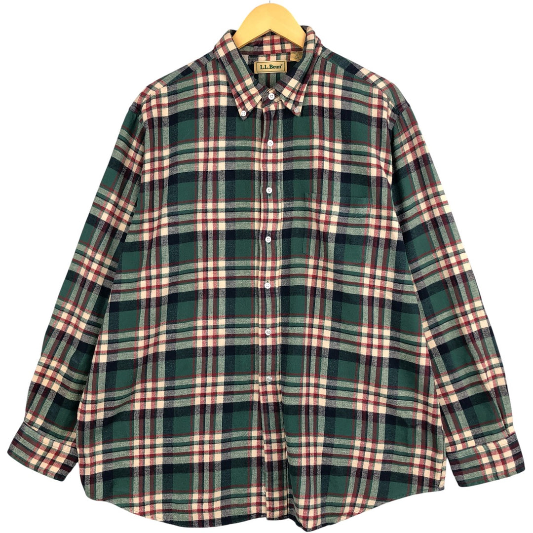 Vintage 80s-90'S LLBean long-sleeved button-down flannel check shirt, men's size XL cotton green type Vintage Second Hand