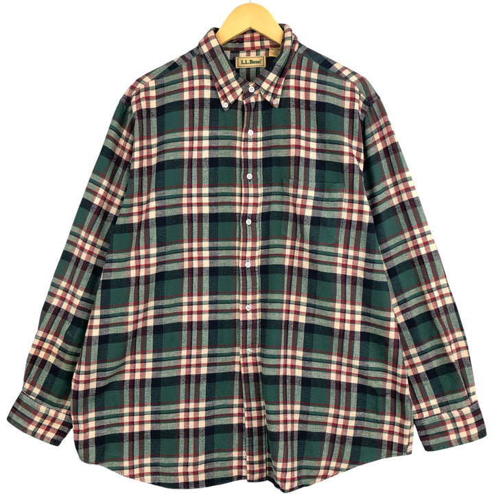 Vintage 80s-90'S LLBean long-sleeved button-down flannel check shirt, men's size XL cotton green type Vintage Second Hand