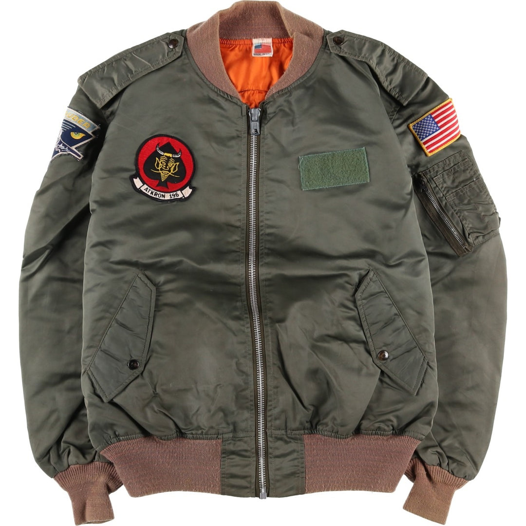 WATKINS DESIGN CENTER Ltd. L-2B Type Stars and Stripes Pattern Padded Military Flight Jacket, Made in USA, Men's Size XL Nylon Khaki type Vintage Second Hand