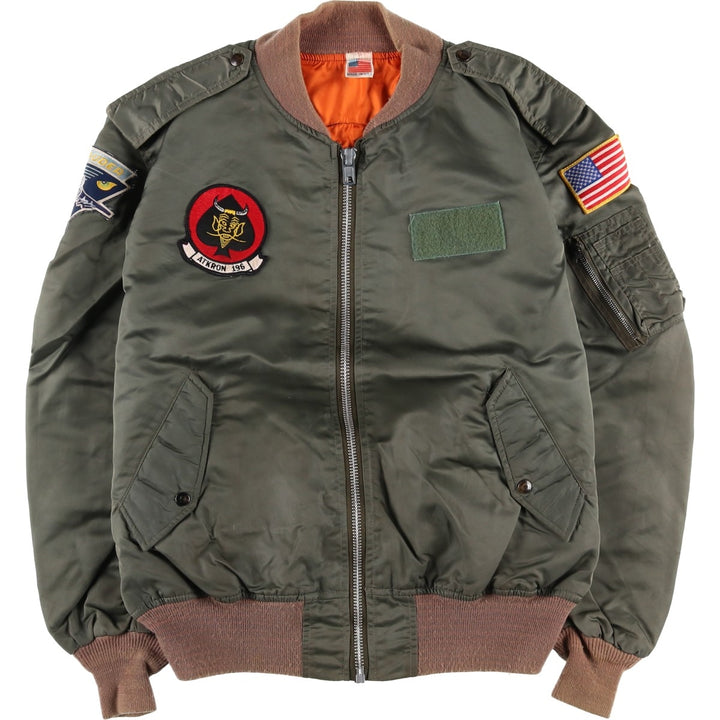 WATKINS DESIGN CENTER Ltd. L-2B Type Stars and Stripes Pattern Padded Military Flight Jacket, Made in USA, Men's Size XL Nylon Khaki type Vintage Second Hand