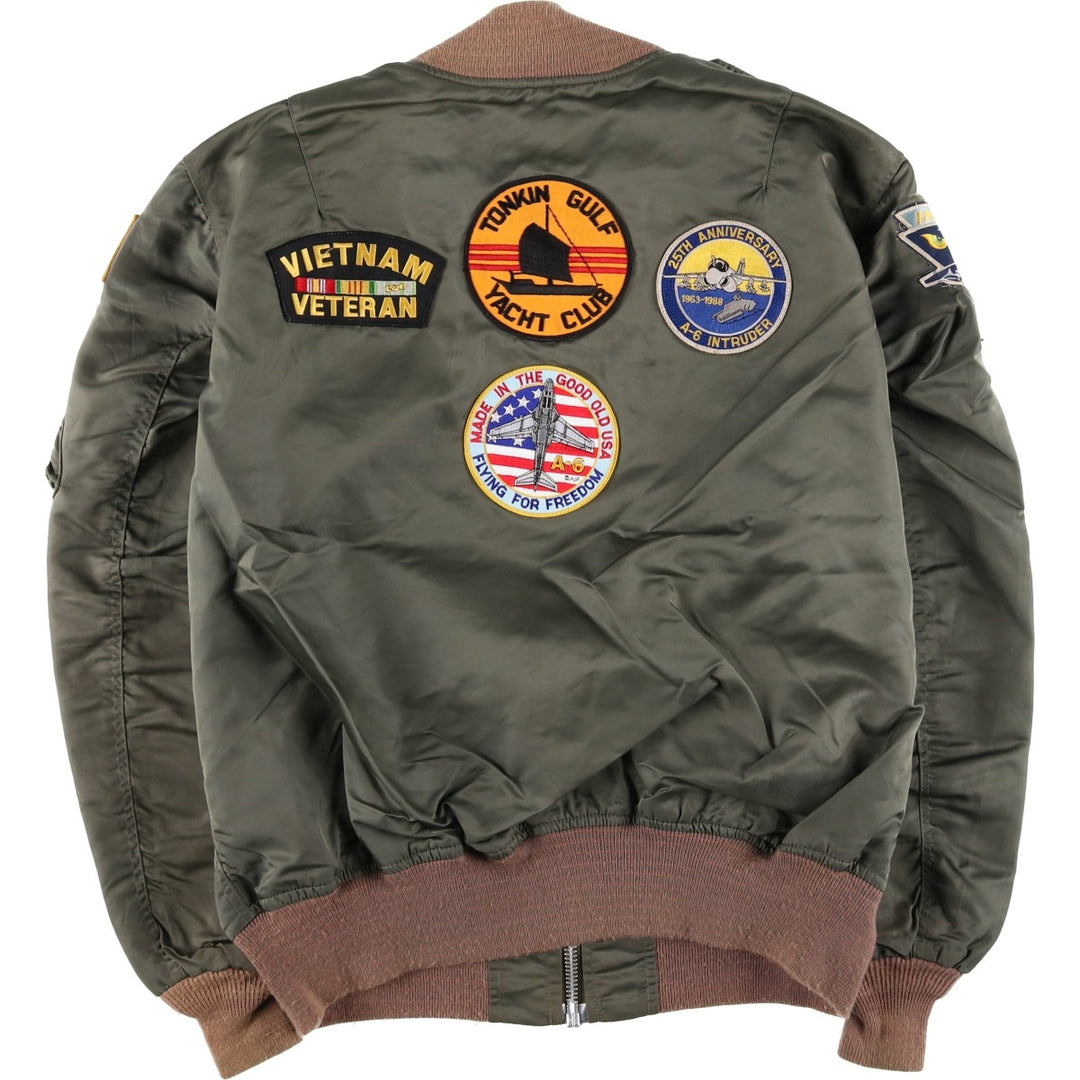 WATKINS DESIGN CENTER Ltd. L-2B Type Stars and Stripes Pattern Padded Military Flight Jacket, Made in USA, Men's Size XL Nylon Khaki type Vintage Second Hand