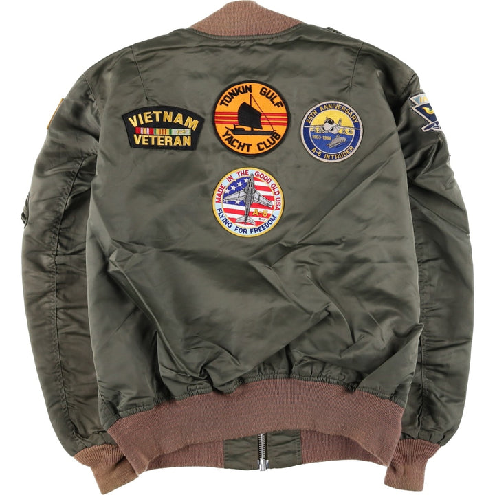 WATKINS DESIGN CENTER Ltd. L-2B Type Stars and Stripes Pattern Padded Military Flight Jacket, Made in USA, Men's Size XL Nylon Khaki type Vintage Second Hand